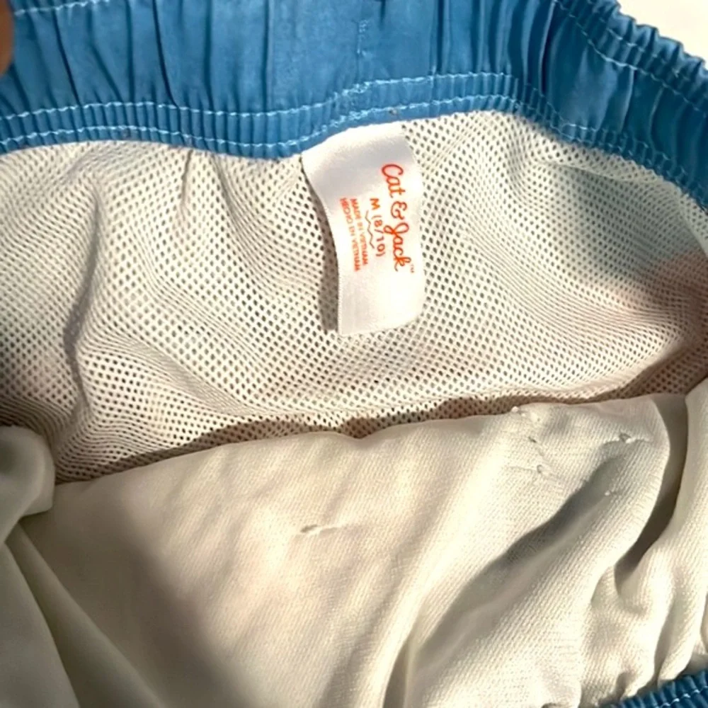 Boys M Blue Striped Mid-Thigh with Mesh Lining Swim Trunks
